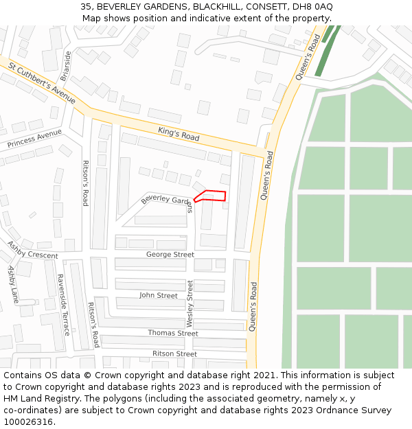 35, BEVERLEY GARDENS, BLACKHILL, CONSETT, DH8 0AQ: Location map and indicative extent of plot