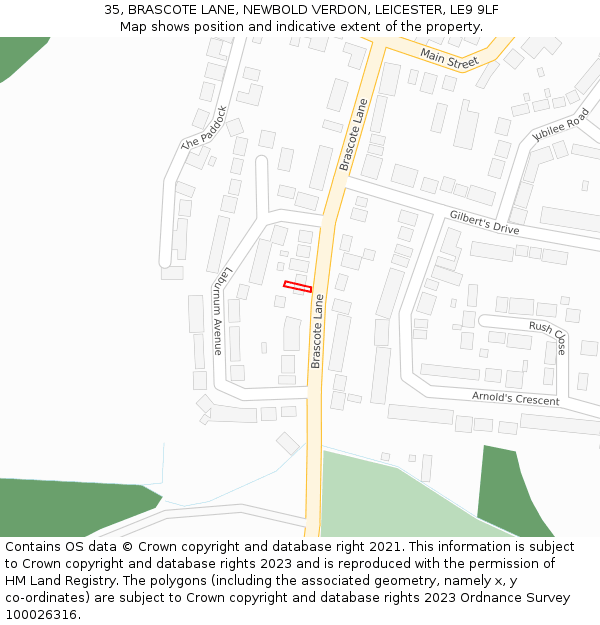 35, BRASCOTE LANE, NEWBOLD VERDON, LEICESTER, LE9 9LF: Location map and indicative extent of plot