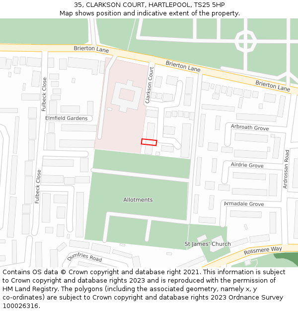 35, CLARKSON COURT, HARTLEPOOL, TS25 5HP: Location map and indicative extent of plot