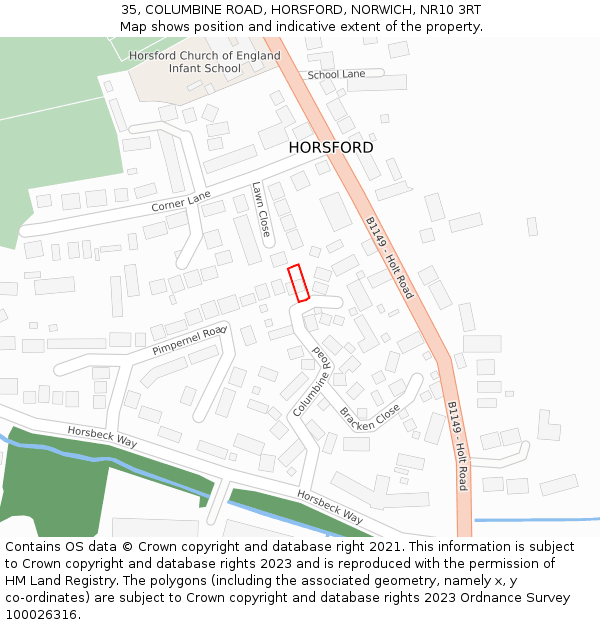 35, COLUMBINE ROAD, HORSFORD, NORWICH, NR10 3RT: Location map and indicative extent of plot
