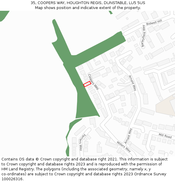 35, COOPERS WAY, HOUGHTON REGIS, DUNSTABLE, LU5 5US: Location map and indicative extent of plot