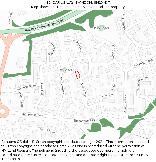 35, DARIUS WAY, SWINDON, SN25 4XT: Location map and indicative extent of plot