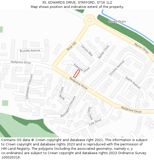 35, EDWARDS DRIVE, STAFFORD, ST16 1LZ: Location map and indicative extent of plot