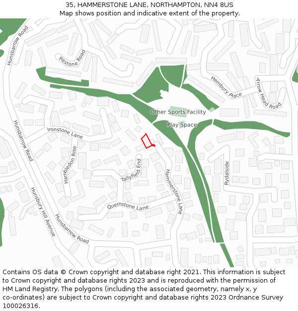 35, HAMMERSTONE LANE, NORTHAMPTON, NN4 8US: Location map and indicative extent of plot