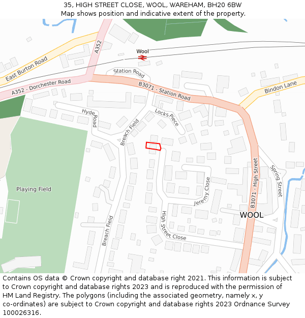 35, HIGH STREET CLOSE, WOOL, WAREHAM, BH20 6BW: Location map and indicative extent of plot