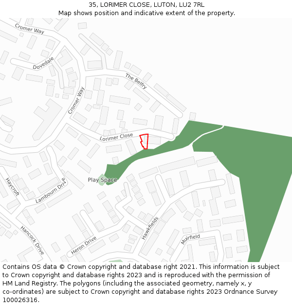 35, LORIMER CLOSE, LUTON, LU2 7RL: Location map and indicative extent of plot