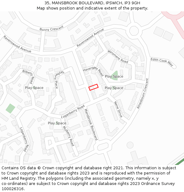 35, MANSBROOK BOULEVARD, IPSWICH, IP3 9GH: Location map and indicative extent of plot