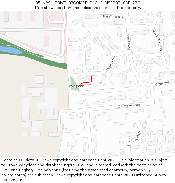 35, NASH DRIVE, BROOMFIELD, CHELMSFORD, CM1 7BG: Location map and indicative extent of plot