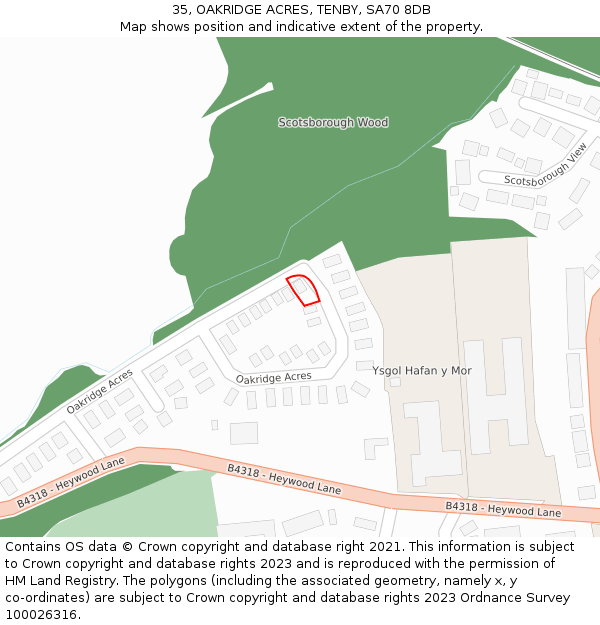 35, OAKRIDGE ACRES, TENBY, SA70 8DB: Location map and indicative extent of plot
