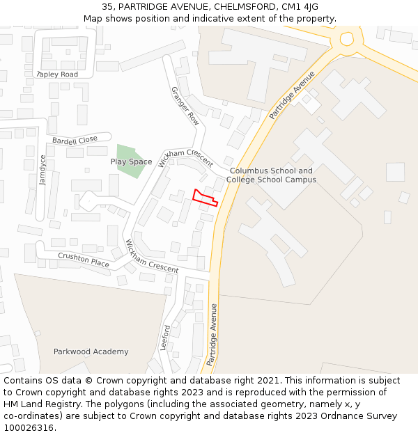 35, PARTRIDGE AVENUE, CHELMSFORD, CM1 4JG: Location map and indicative extent of plot