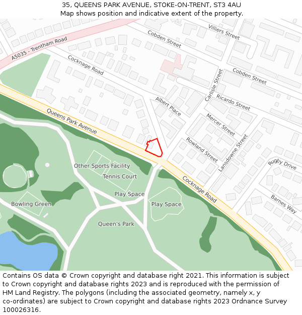 35, QUEENS PARK AVENUE, STOKE-ON-TRENT, ST3 4AU: Location map and indicative extent of plot