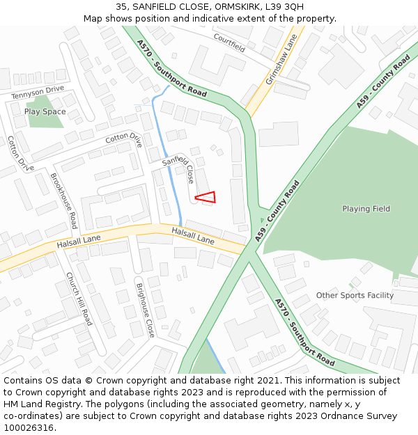 35, SANFIELD CLOSE, ORMSKIRK, L39 3QH: Location map and indicative extent of plot