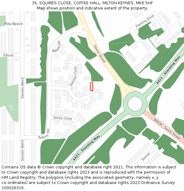 35, SQUIRES CLOSE, COFFEE HALL, MILTON KEYNES, MK6 5HF: Location map and indicative extent of plot