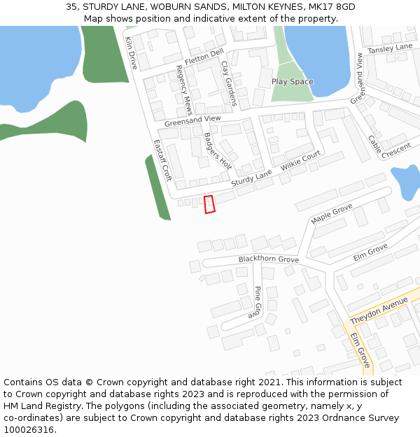 35, STURDY LANE, WOBURN SANDS, MILTON KEYNES, MK17 8GD: Location map and indicative extent of plot