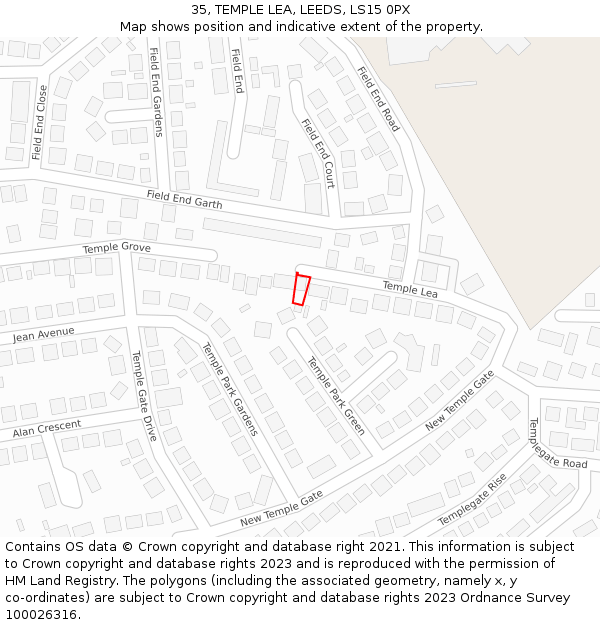 35, TEMPLE LEA, LEEDS, LS15 0PX: Location map and indicative extent of plot