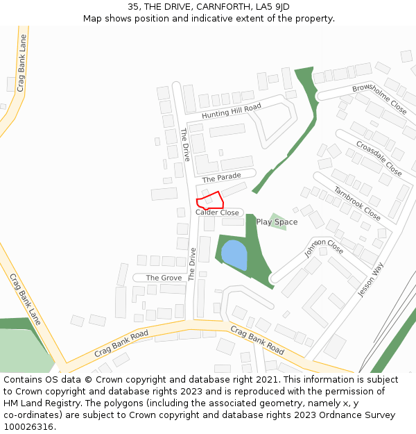 35, THE DRIVE, CARNFORTH, LA5 9JD: Location map and indicative extent of plot