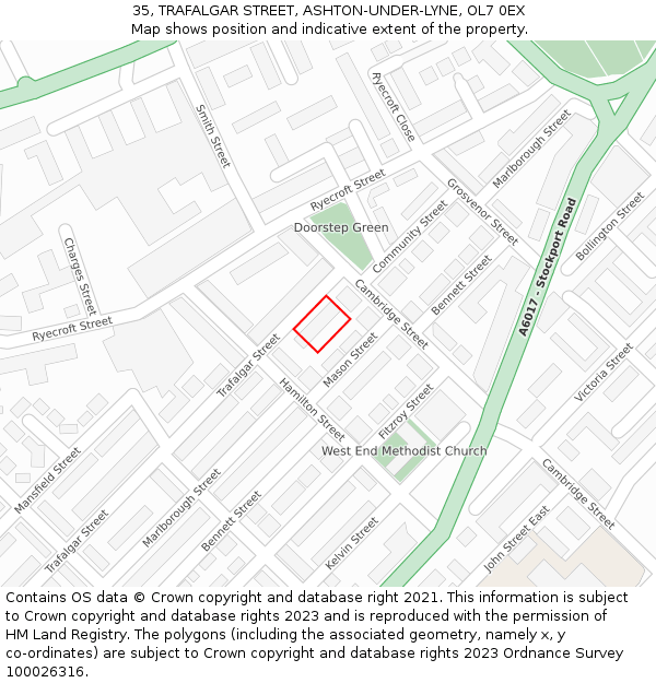 35, TRAFALGAR STREET, ASHTON-UNDER-LYNE, OL7 0EX: Location map and indicative extent of plot