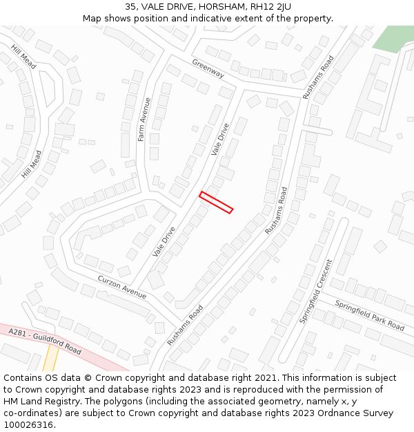 35, VALE DRIVE, HORSHAM, RH12 2JU: Location map and indicative extent of plot