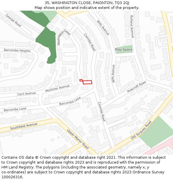 35, WASHINGTON CLOSE, PAIGNTON, TQ3 2QJ: Location map and indicative extent of plot