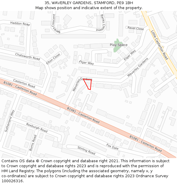 35, WAVERLEY GARDENS, STAMFORD, PE9 1BH: Location map and indicative extent of plot