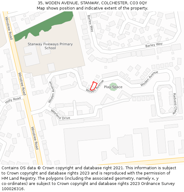 35, WODEN AVENUE, STANWAY, COLCHESTER, CO3 0QY: Location map and indicative extent of plot