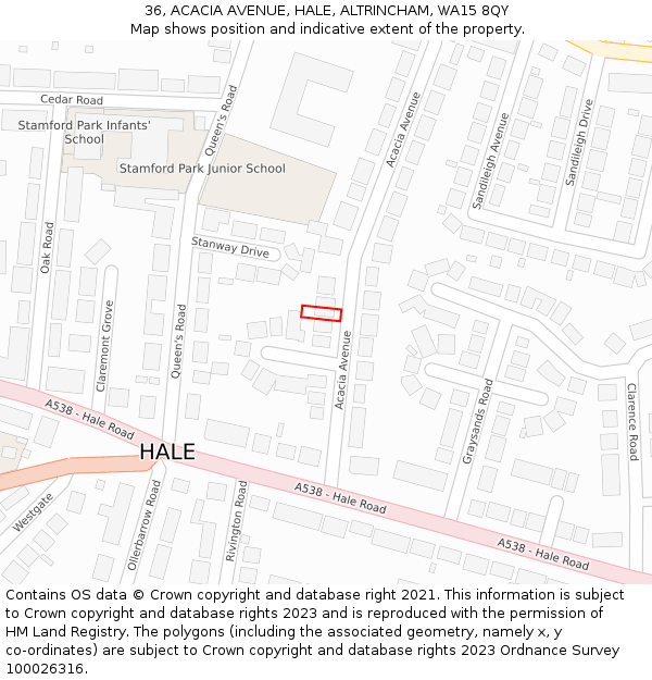 36, ACACIA AVENUE, HALE, ALTRINCHAM, WA15 8QY: Location map and indicative extent of plot