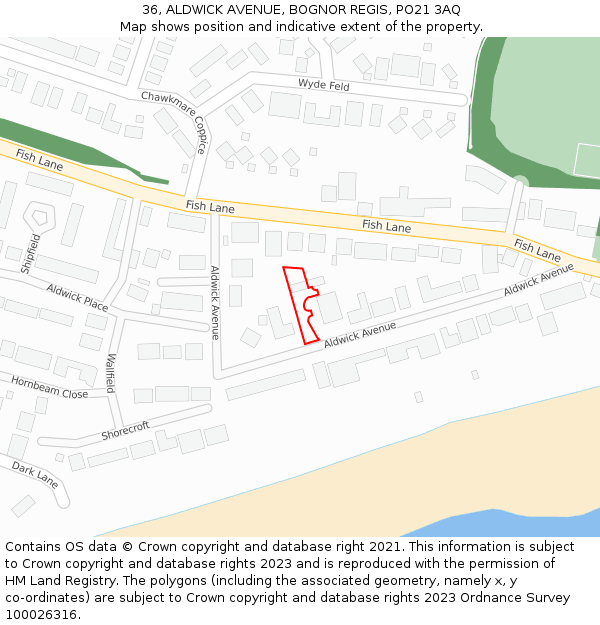 36, ALDWICK AVENUE, BOGNOR REGIS, PO21 3AQ: Location map and indicative extent of plot