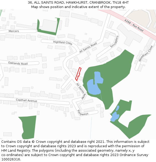 36, ALL SAINTS ROAD, HAWKHURST, CRANBROOK, TN18 4HT: Location map and indicative extent of plot