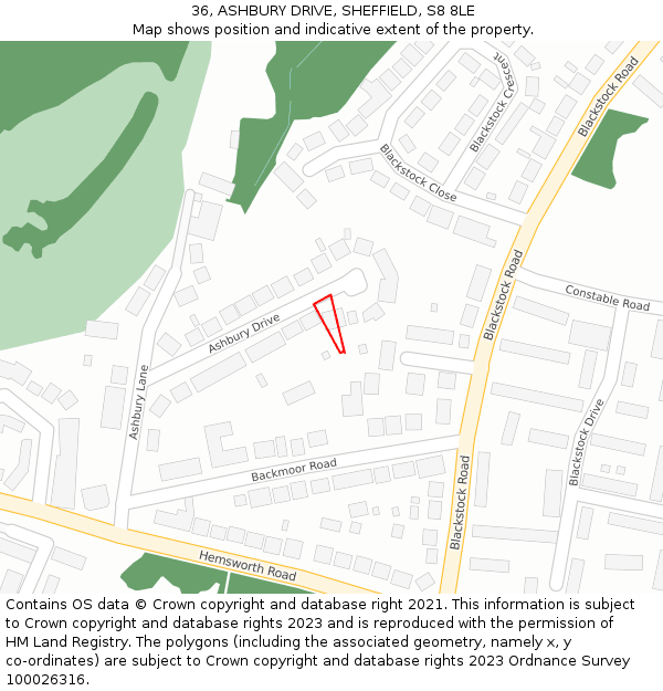 36, ASHBURY DRIVE, SHEFFIELD, S8 8LE: Location map and indicative extent of plot