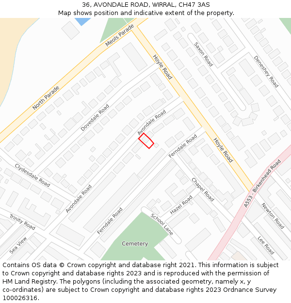 36, AVONDALE ROAD, WIRRAL, CH47 3AS: Location map and indicative extent of plot