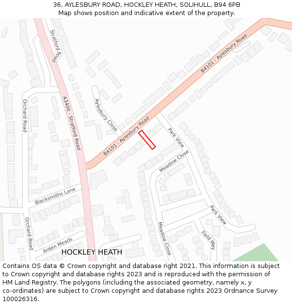 36, AYLESBURY ROAD, HOCKLEY HEATH, SOLIHULL, B94 6PB: Location map and indicative extent of plot