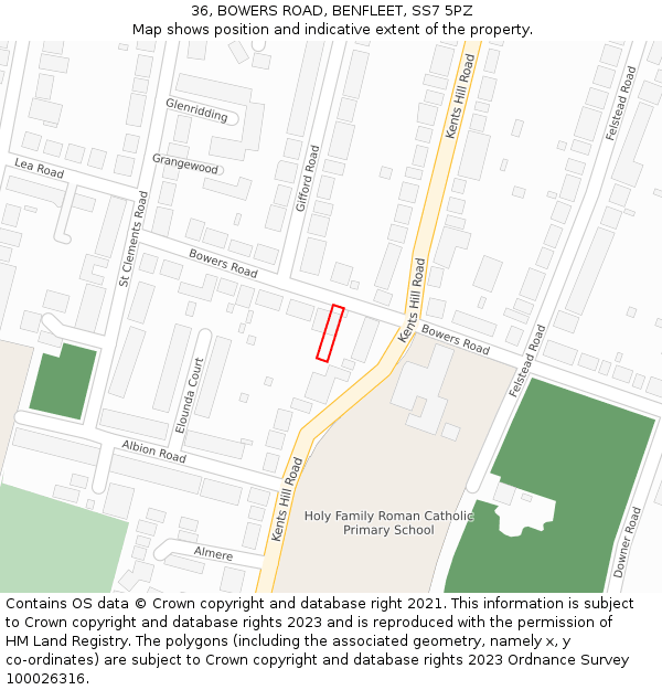 36, BOWERS ROAD, BENFLEET, SS7 5PZ: Location map and indicative extent of plot