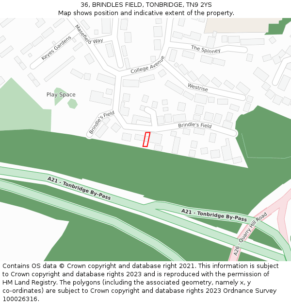 36, BRINDLES FIELD, TONBRIDGE, TN9 2YS: Location map and indicative extent of plot