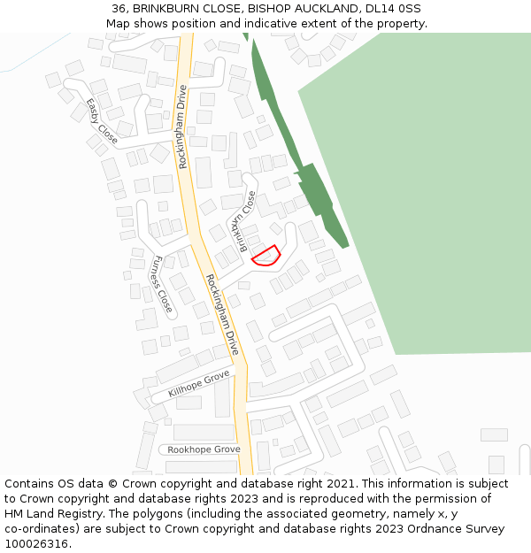 36, BRINKBURN CLOSE, BISHOP AUCKLAND, DL14 0SS: Location map and indicative extent of plot