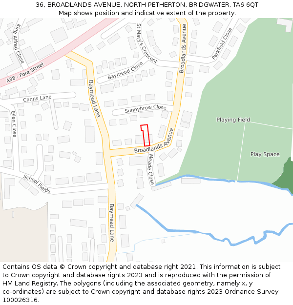 36, BROADLANDS AVENUE, NORTH PETHERTON, BRIDGWATER, TA6 6QT: Location map and indicative extent of plot