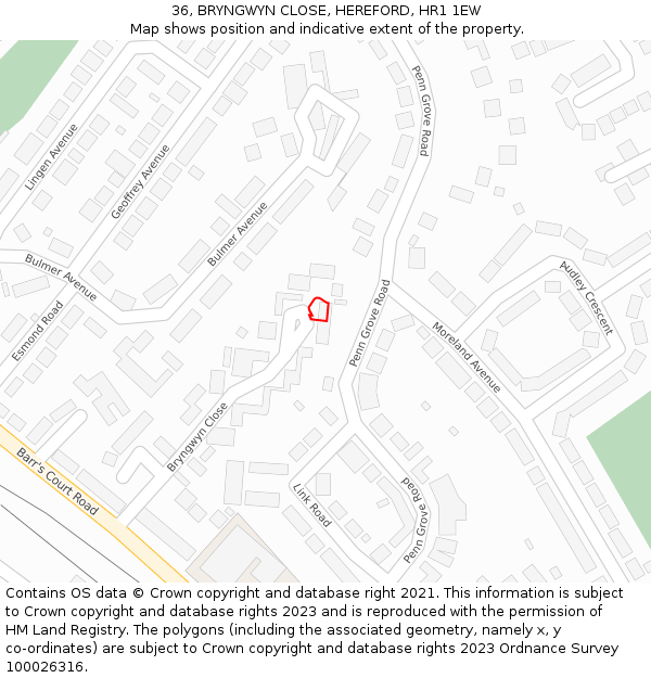 36, BRYNGWYN CLOSE, HEREFORD, HR1 1EW: Location map and indicative extent of plot