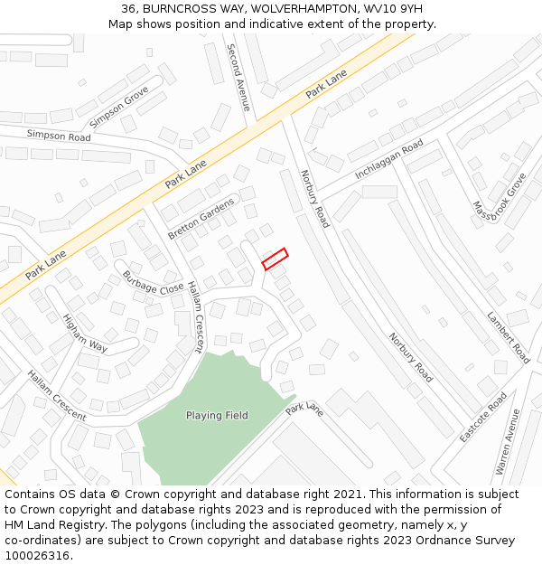 36, BURNCROSS WAY, WOLVERHAMPTON, WV10 9YH: Location map and indicative extent of plot