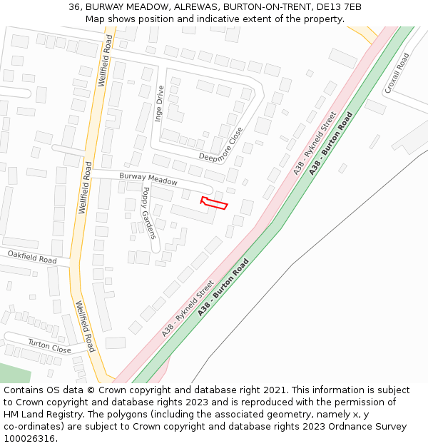 36, BURWAY MEADOW, ALREWAS, BURTON-ON-TRENT, DE13 7EB: Location map and indicative extent of plot