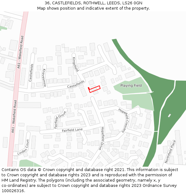 36, CASTLEFIELDS, ROTHWELL, LEEDS, LS26 0GN: Location map and indicative extent of plot