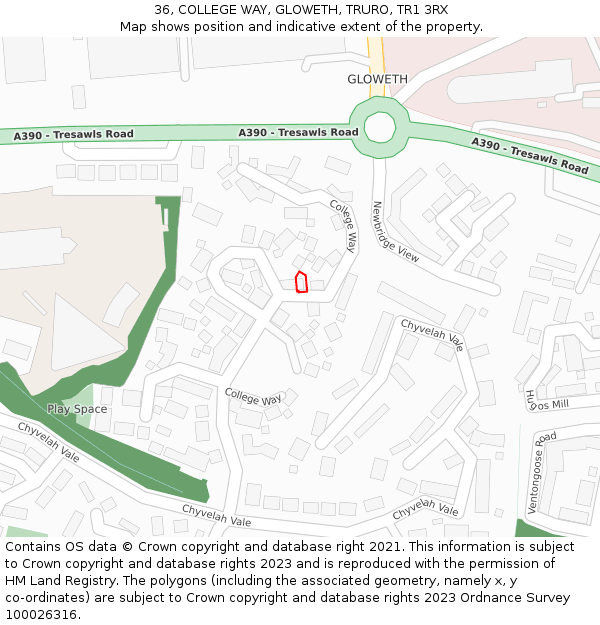 36, COLLEGE WAY, GLOWETH, TRURO, TR1 3RX: Location map and indicative extent of plot