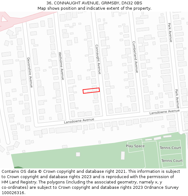 36, CONNAUGHT AVENUE, GRIMSBY, DN32 0BS: Location map and indicative extent of plot