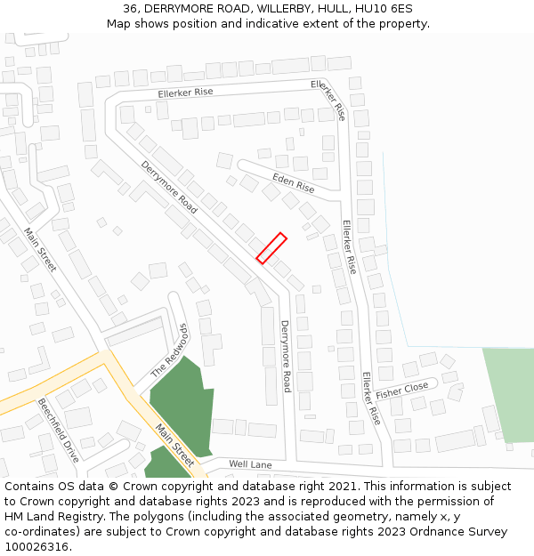 36, DERRYMORE ROAD, WILLERBY, HULL, HU10 6ES: Location map and indicative extent of plot