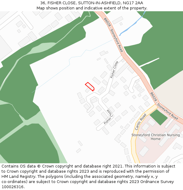 36, FISHER CLOSE, SUTTON-IN-ASHFIELD, NG17 2AA: Location map and indicative extent of plot