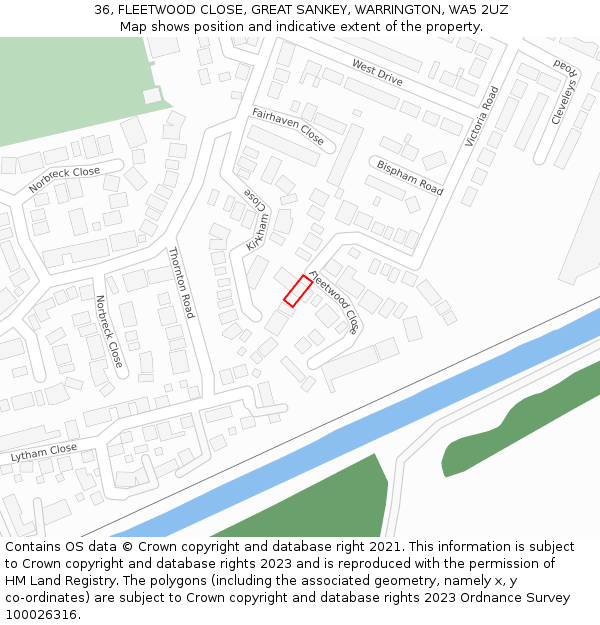 36, FLEETWOOD CLOSE, GREAT SANKEY, WARRINGTON, WA5 2UZ: Location map and indicative extent of plot