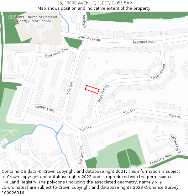 36, FRERE AVENUE, FLEET, GU51 5AP: Location map and indicative extent of plot