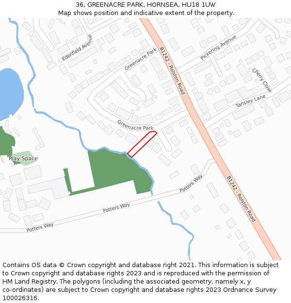 36, GREENACRE PARK, HORNSEA, HU18 1UW: Location map and indicative extent of plot