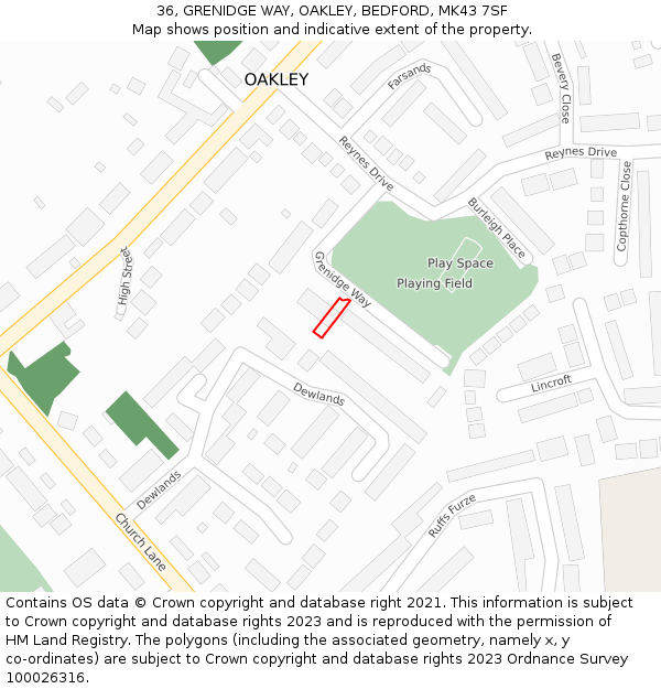 36, GRENIDGE WAY, OAKLEY, BEDFORD, MK43 7SF: Location map and indicative extent of plot