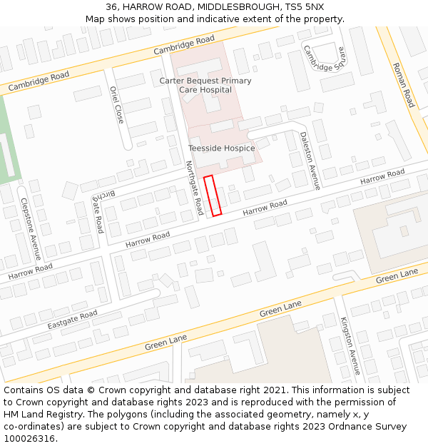 36, HARROW ROAD, MIDDLESBROUGH, TS5 5NX: Location map and indicative extent of plot