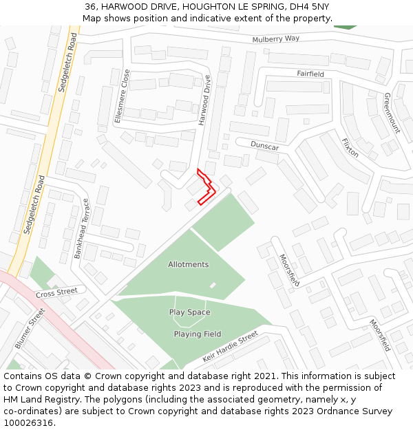 36, HARWOOD DRIVE, HOUGHTON LE SPRING, DH4 5NY: Location map and indicative extent of plot