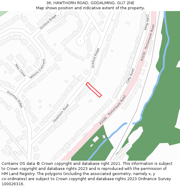 36, HAWTHORN ROAD, GODALMING, GU7 2NE: Location map and indicative extent of plot